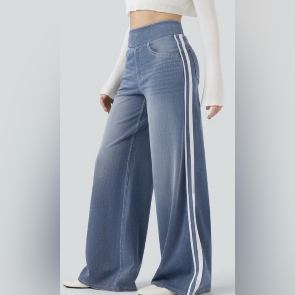 Halara Flex High Waisted Stripe Wide Leg Flowy Washed Jeans